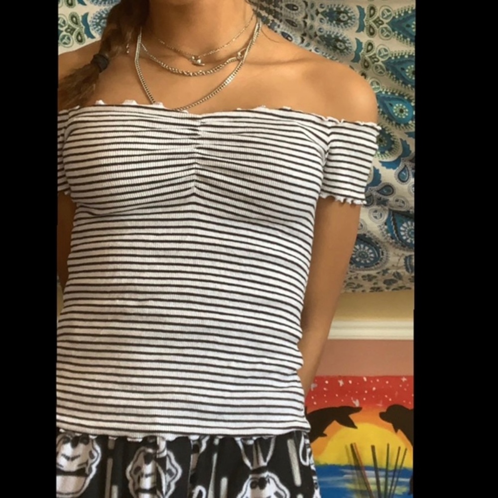 Black and white stripped off the shoulder top.